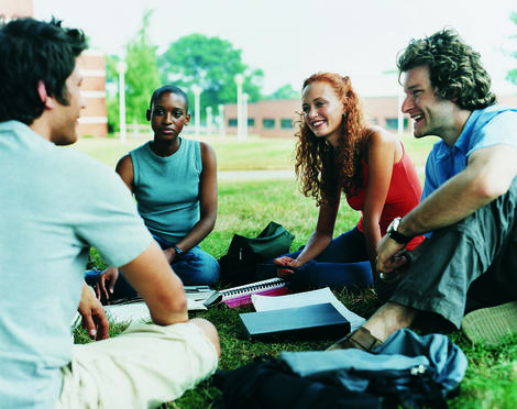 Students on grass studying together stock photography