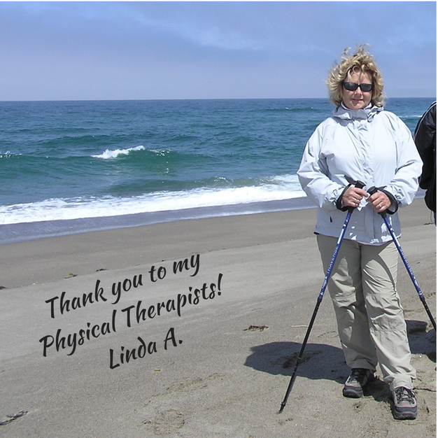 Woman on beach with note thanking physical therapist