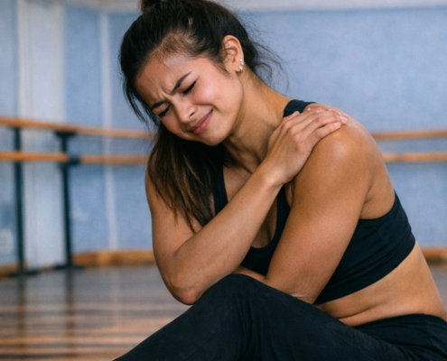 Dancer in pain in dance training holding shoulder in studio