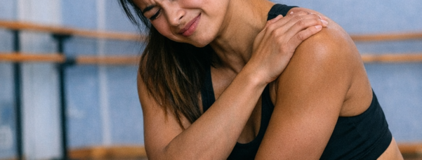 Dancer in pain in dance training holding shoulder in studio